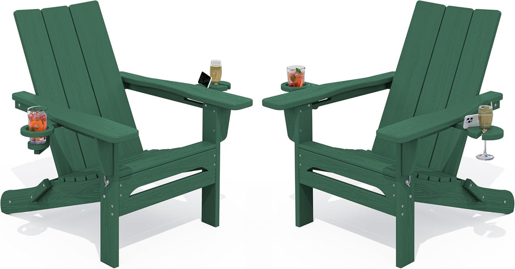 Modern Folding Adirondack Chairs Set of 2, HDPE, Cup Holders, Green | Outdoor All-Weather Lawn Adirondack Chairs Wood