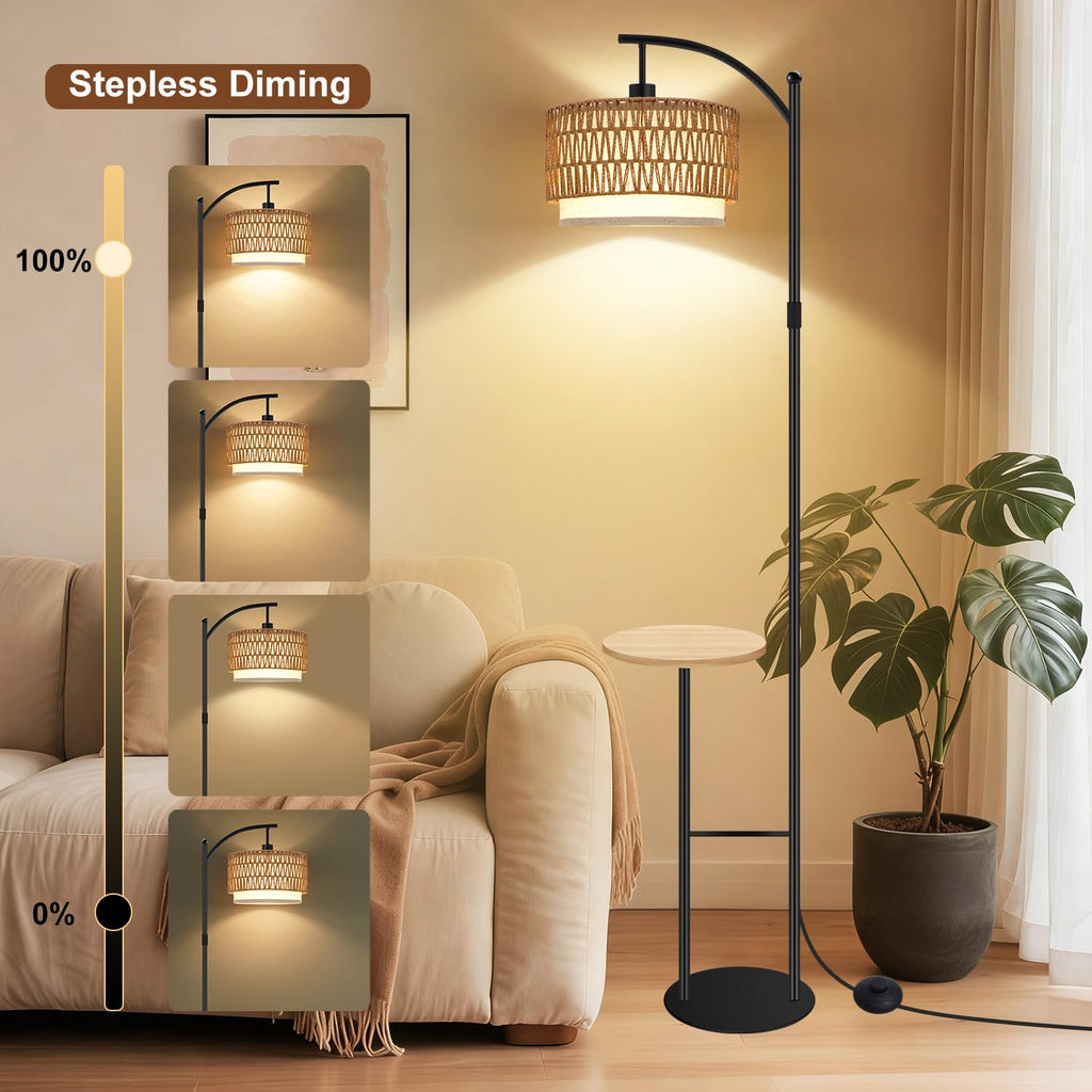 Arc Rattan Floor Lamp with Table Dimmable 3 Color Temp