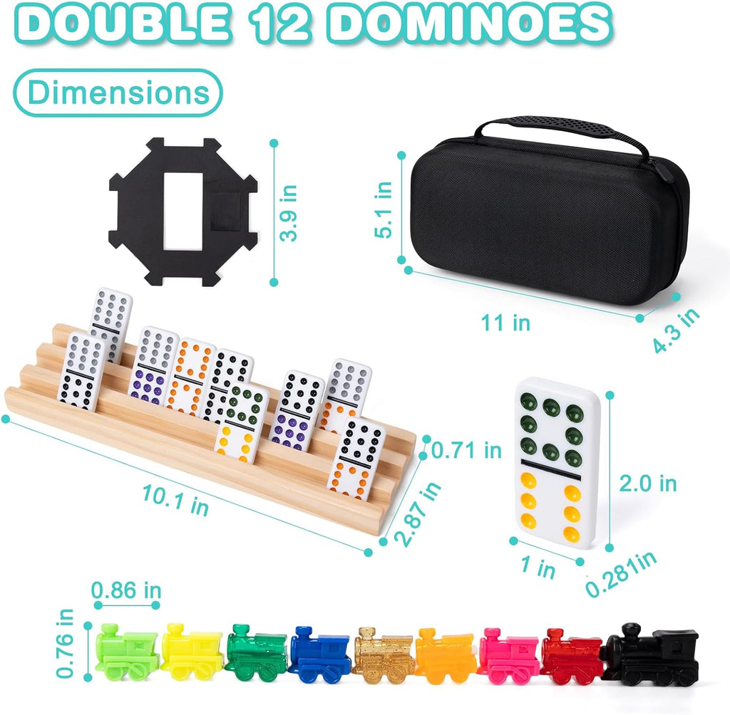 Mexican Train Dominoes Set 4 Wooden Racks Double 12 Game 91 Dot Tiles