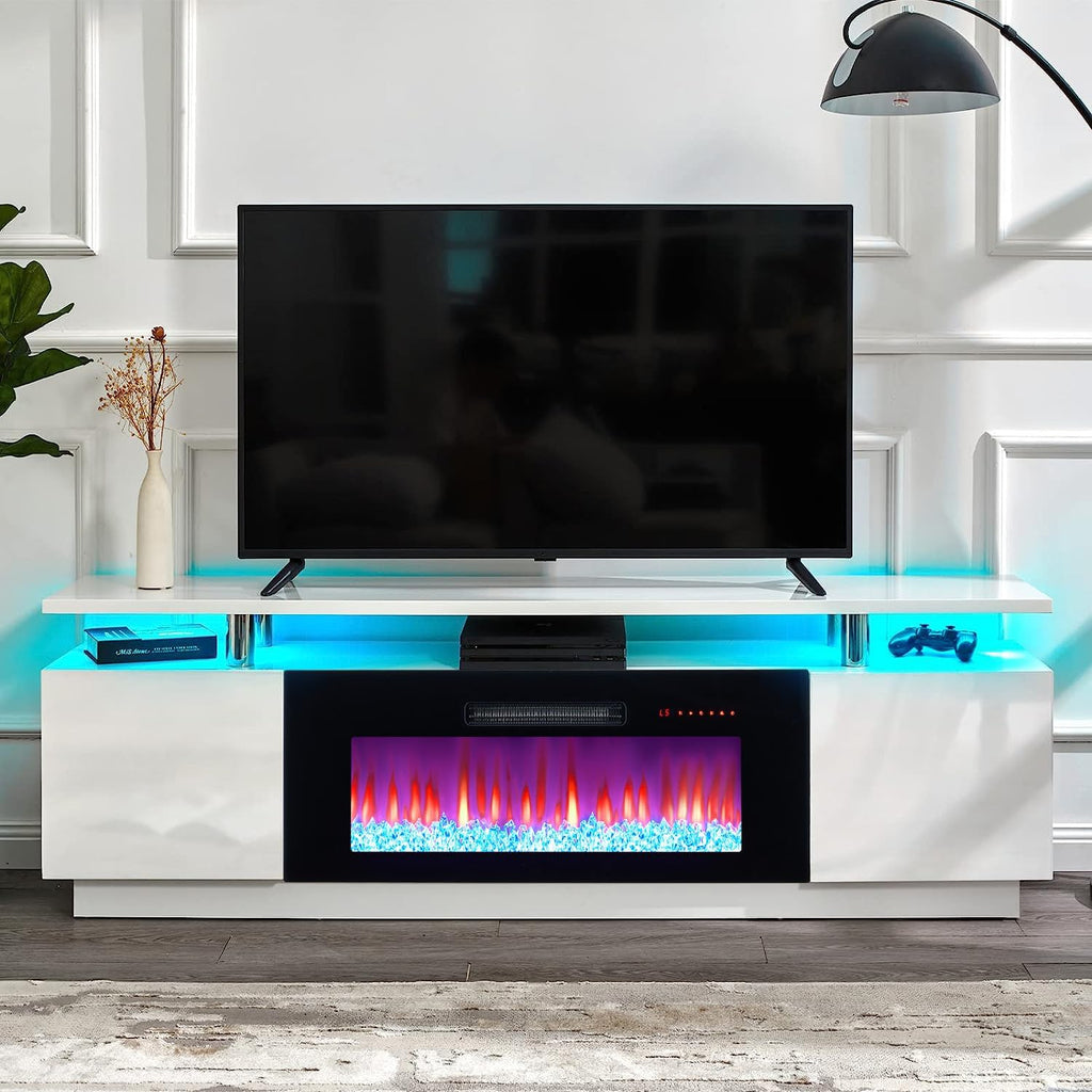 Fireplace TV Stand with 36" Fireplace, 70" Modern Fireplace Entertainment Center LED Lights, 2 Tier TV Console