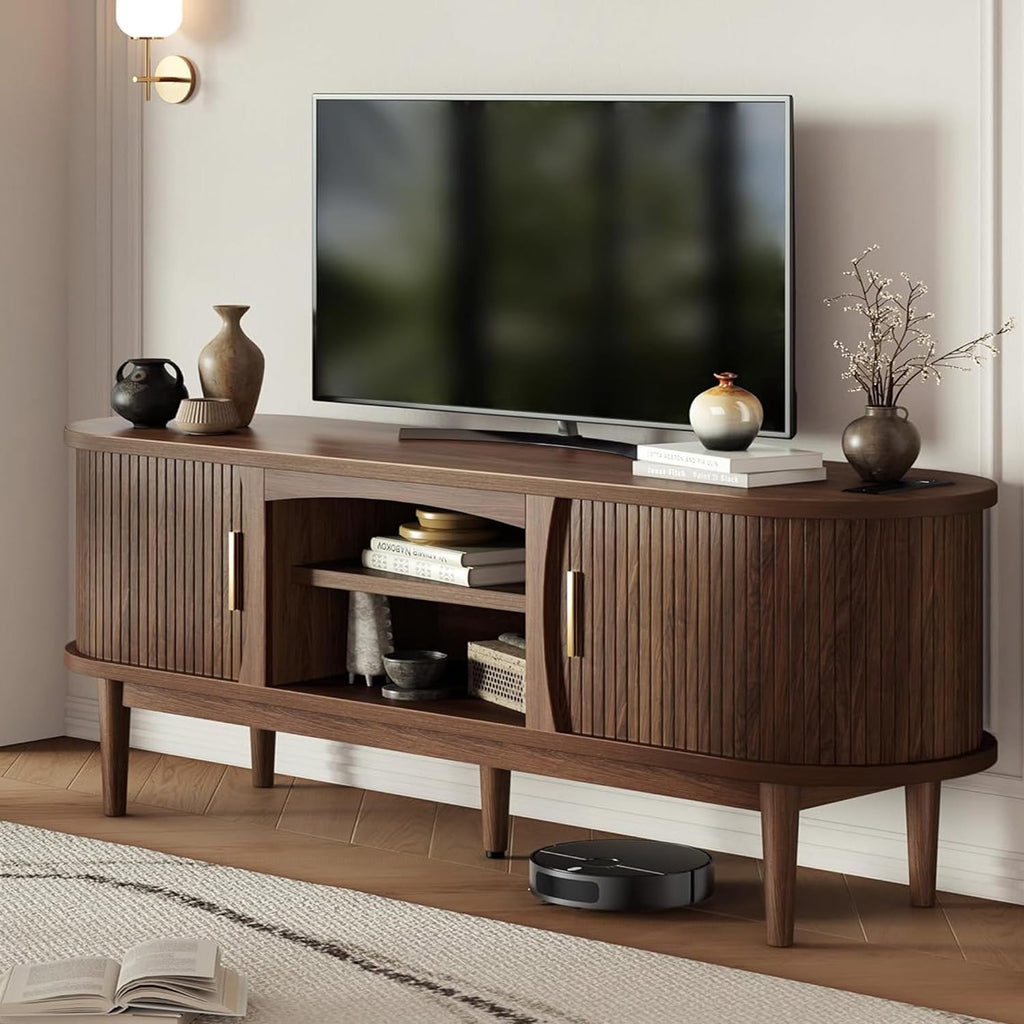 Mid Century TV Stand for TVs up to 65 Inches, Entertainment Center with Storage, Power Outlet, Fluted Sliding Doors &