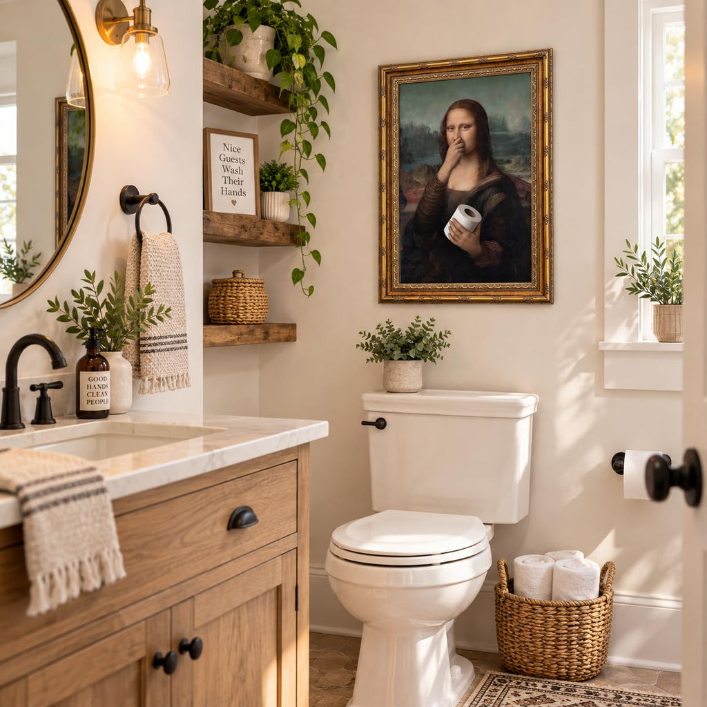 Funny Mona Lisa Bathroom Wall Art, Vintage Gold Frame, 16 x 12 In
