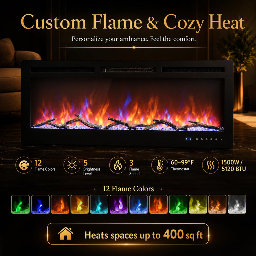 72 in Electric Fireplace, Recessed/Wall Mounted Linear Fireplace with WiFi & Remote Control, Multicolor Flame Effect
