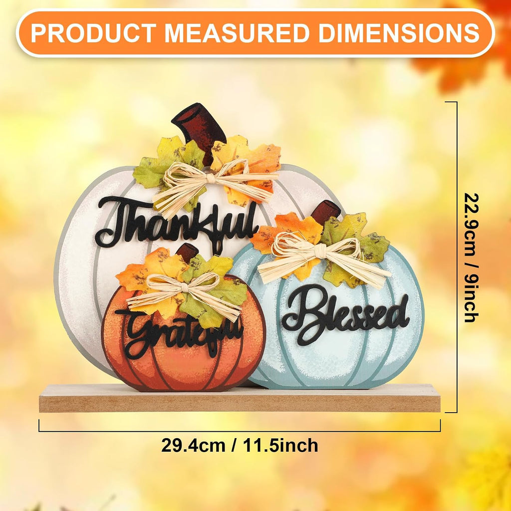 Fall Pumpkin Decor Wooden Table Sign Thankful Blessed Grateful Tabletop for Autumn Farmhouse Vintage - Set of 3