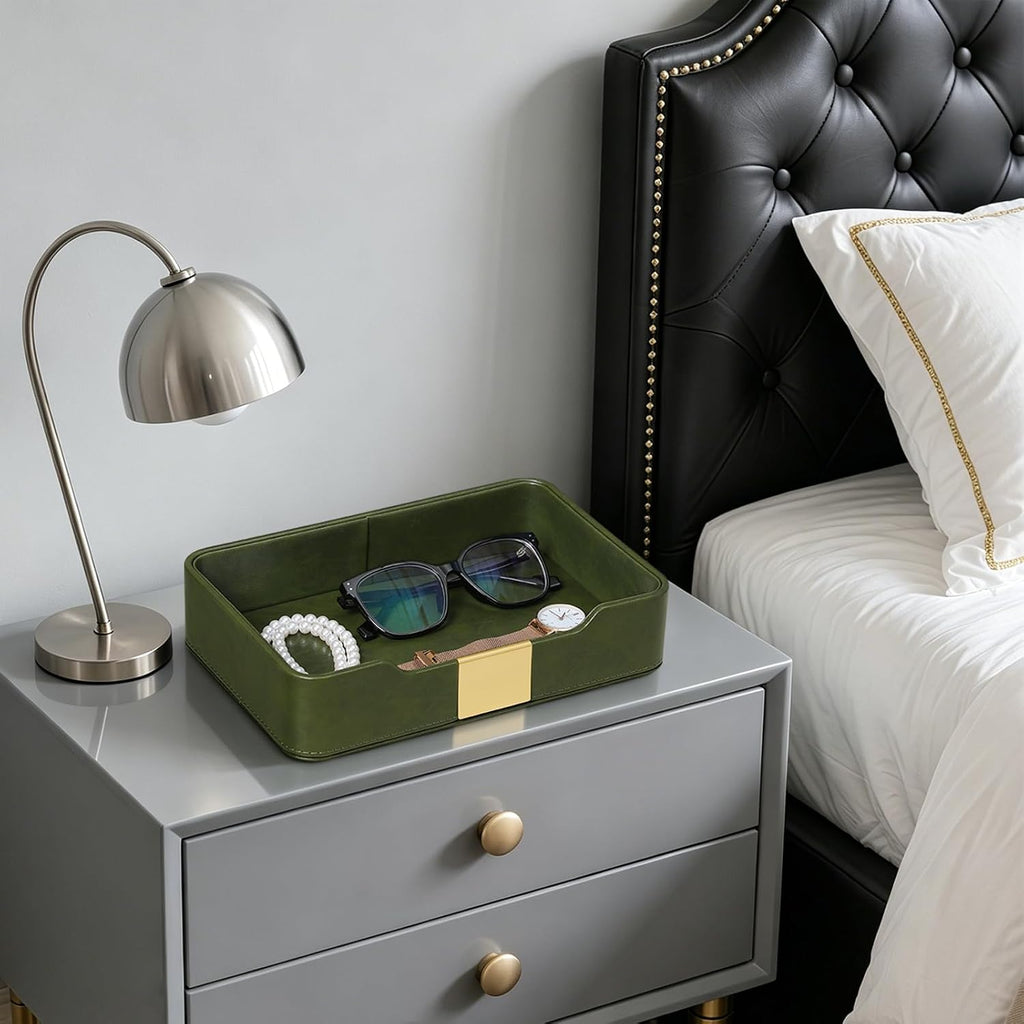 PU Leather Valet Tray, Nightstand Organizer, Catchall Tray, Green
