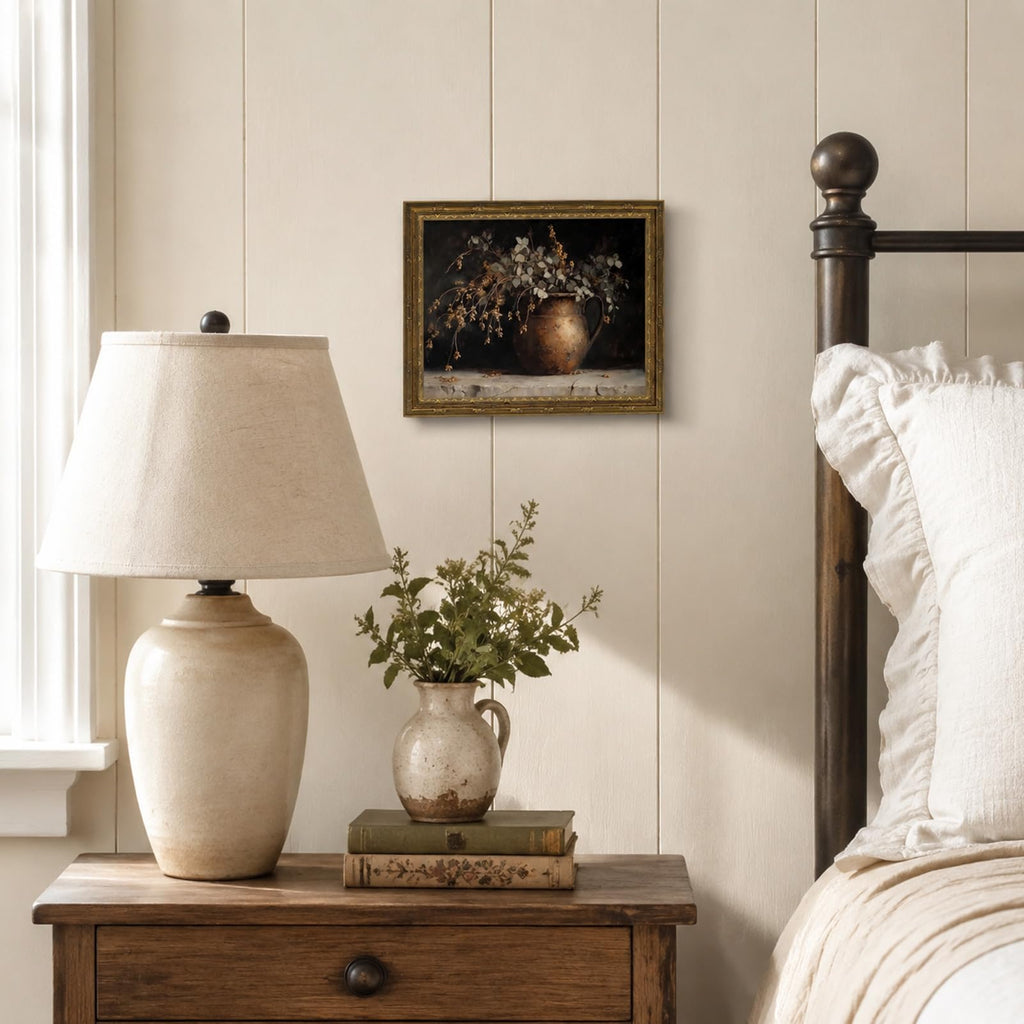 Gold Framed Vintage Eucalyptus Canvas Wall Art Rustic Farmhouse Copper Vase Botanical Pictures Print Moody Autumn