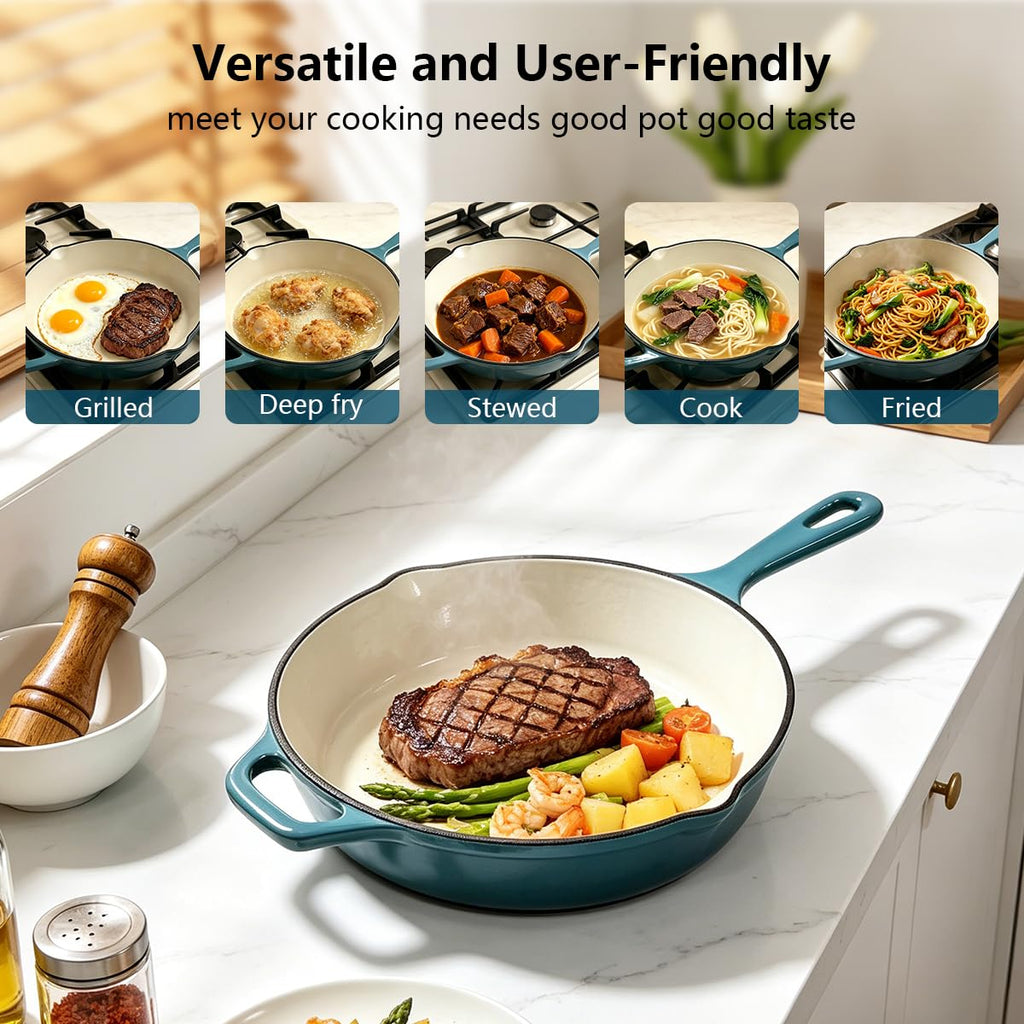 Enameled Cast Iron Skillet, Non Stick Fry Pan, Induction Compatible (Peacock Blue, 10 inch)