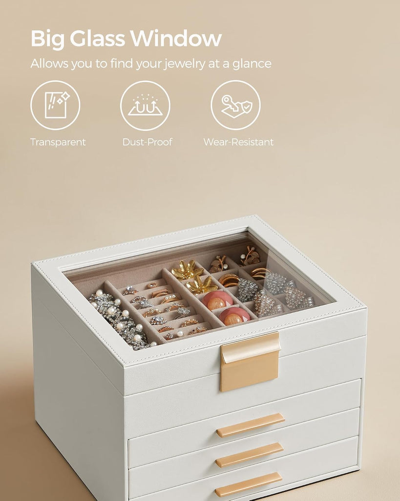 Jewelry Box Organizer, 4-Layer Storage with 3 Drawers, Glass Lid