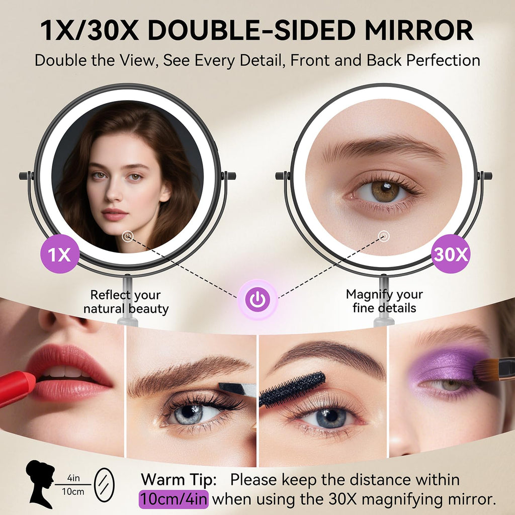 9" 1X/30X Lighted Makeup Mirror, Rechargeable Maginfying Mirror