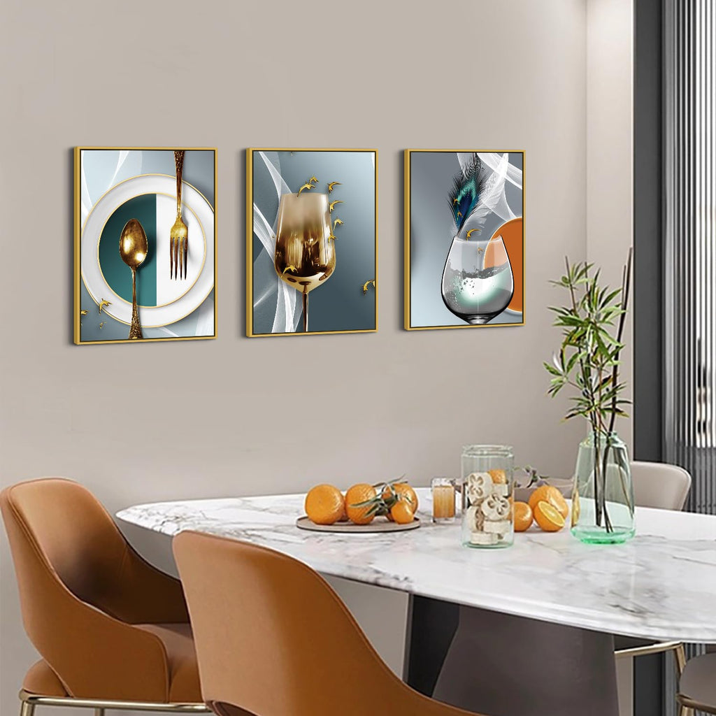 Gold Framed Dining Room Wall Art Wine Glass Pictures Wall Decor Teal Abstract Geometric Kitchenware Canvas Paintings
