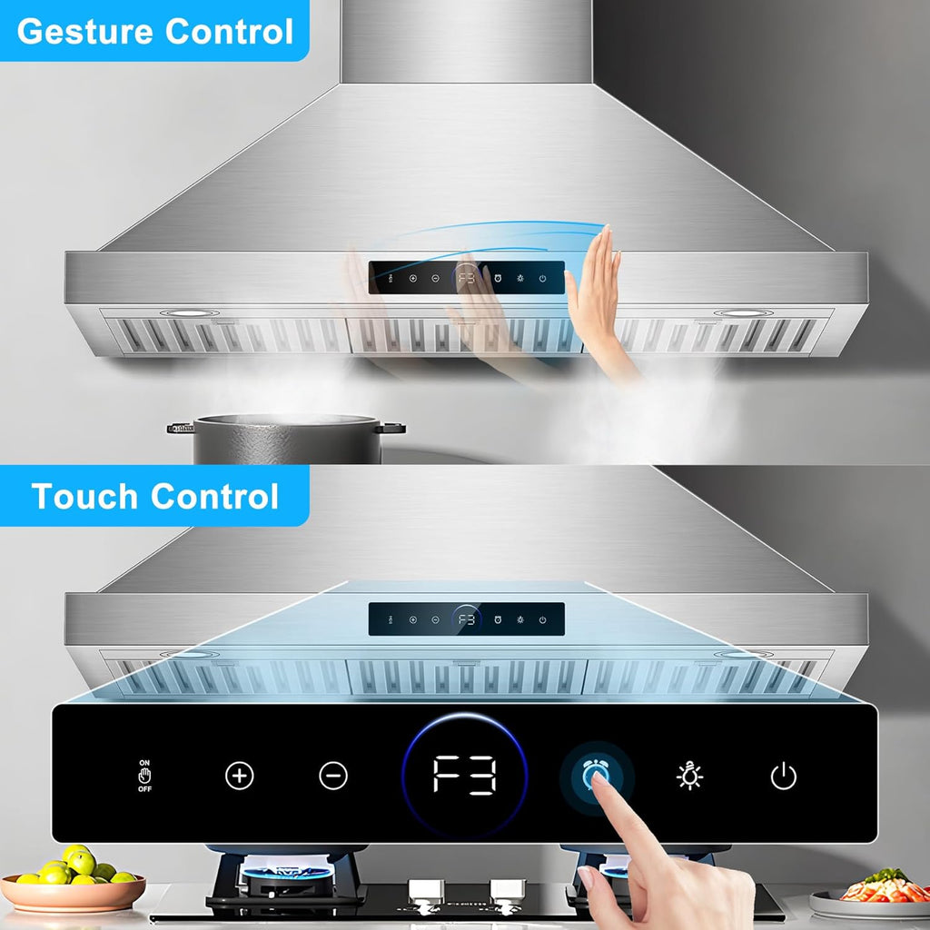 36 Inch Stainless Steel Wall Mount Range Hood 1200 CFM 4 Speed Gesture & Touch Control, LED Lights Dishwasher-Safe Baffle Filters, Ducted Timer