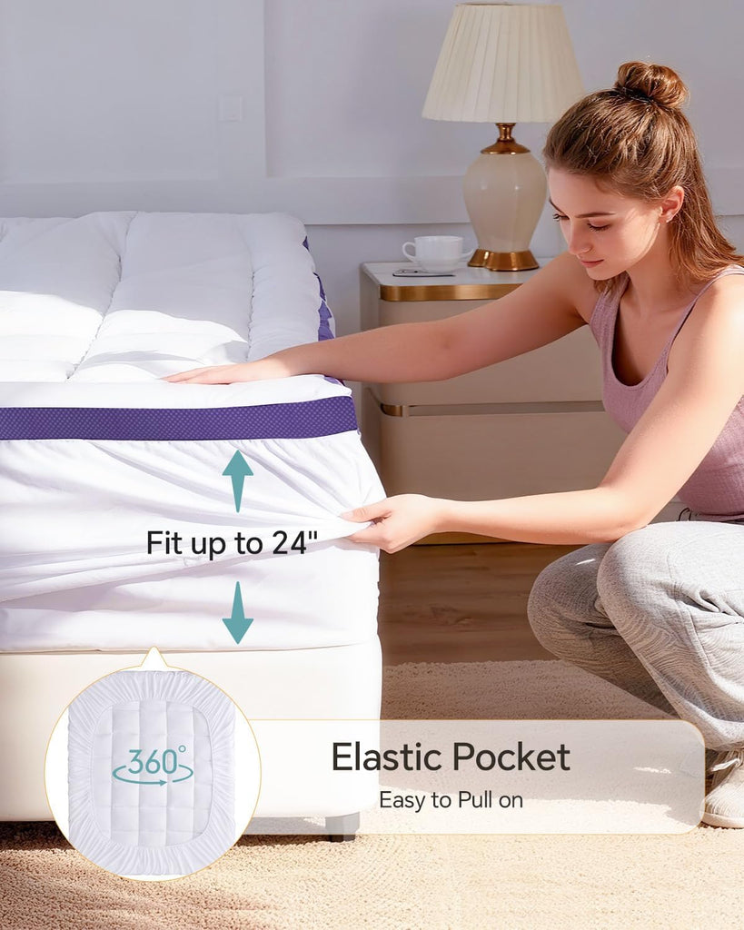 Dual Layer 4 Inch Memory Foam Mattress Topper Queen | 2 Inch Gel Memory Foam and 2 Inch Pillow Top Mattress Pad