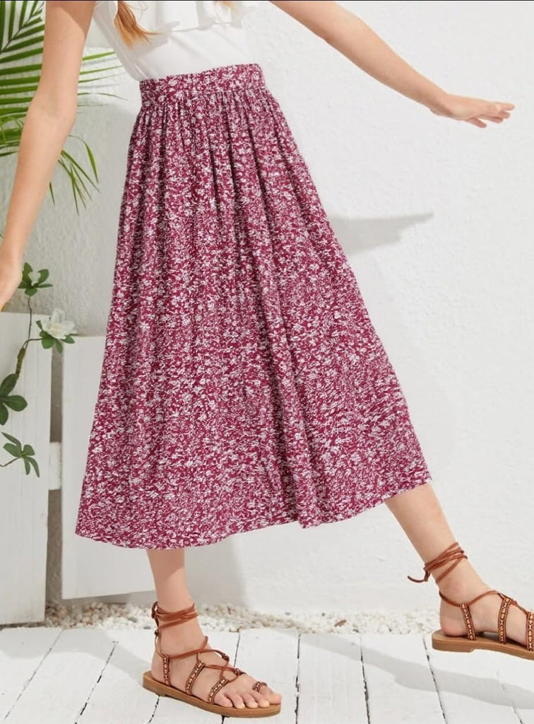 New Girls Floral Maxi Skirt Boho Flowy A-Line Summer Midi Skirt with Elastic Waist