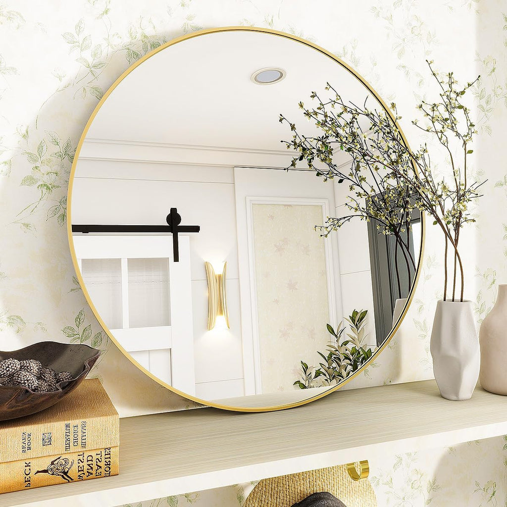 Gold Round Bathroom Mirror 24", Thin Metal Frame Wall Mirror