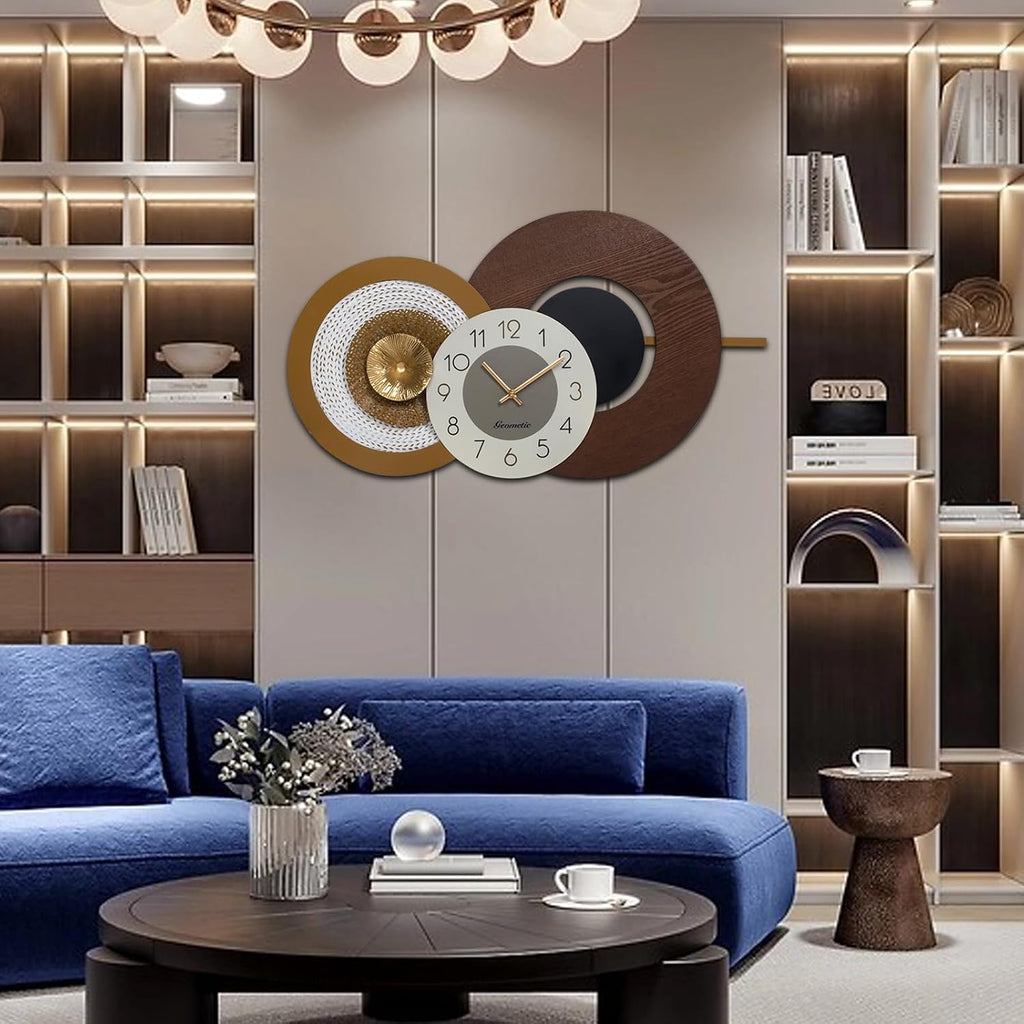37.8x23 Inch Oversized Mid-Century Modern Wall Clock, Wood & Metal Frame, Silent Non-Ticking, Antique Brown & Gold
