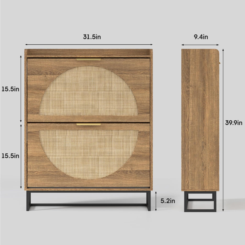 Rattan Shoe Storage Cabinet with 2 Flip Drawers, Freestanding Shoe Organizer with Metal Legs, Hidden Golden Handles