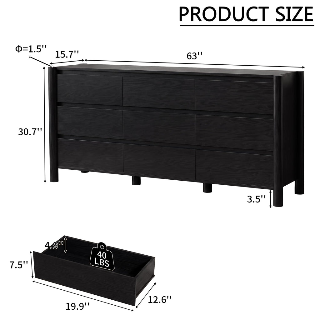 Black Dresser, 63" Wide 9 Drawer Mid Century Modern Chest