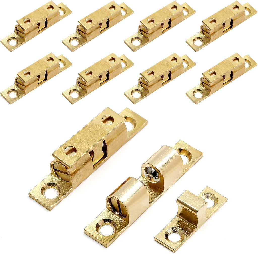 10 Pcs Solid Brass Cabinet Door Catch, Dual Ball Tension Latch 2" Closet Ball Roller Catch Latch with Screw (Gold, 50mm)