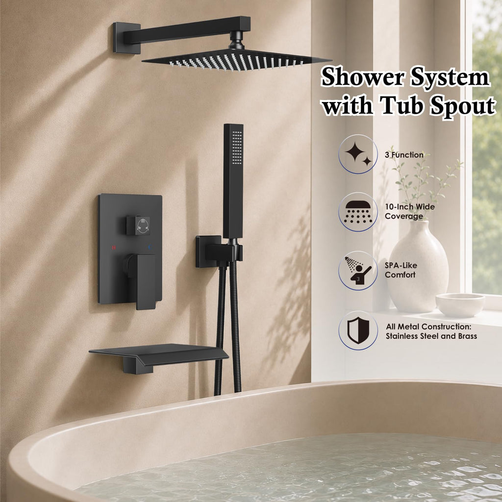 Shower System with Tub Spout, 10 Inch Shower Head, Matte Black