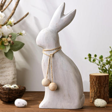Farmhouse Antique Wood Rabbit Figurines, Handmade Elegant Easter Bunny Statue with Rustic Jute Bows for Spring Easter