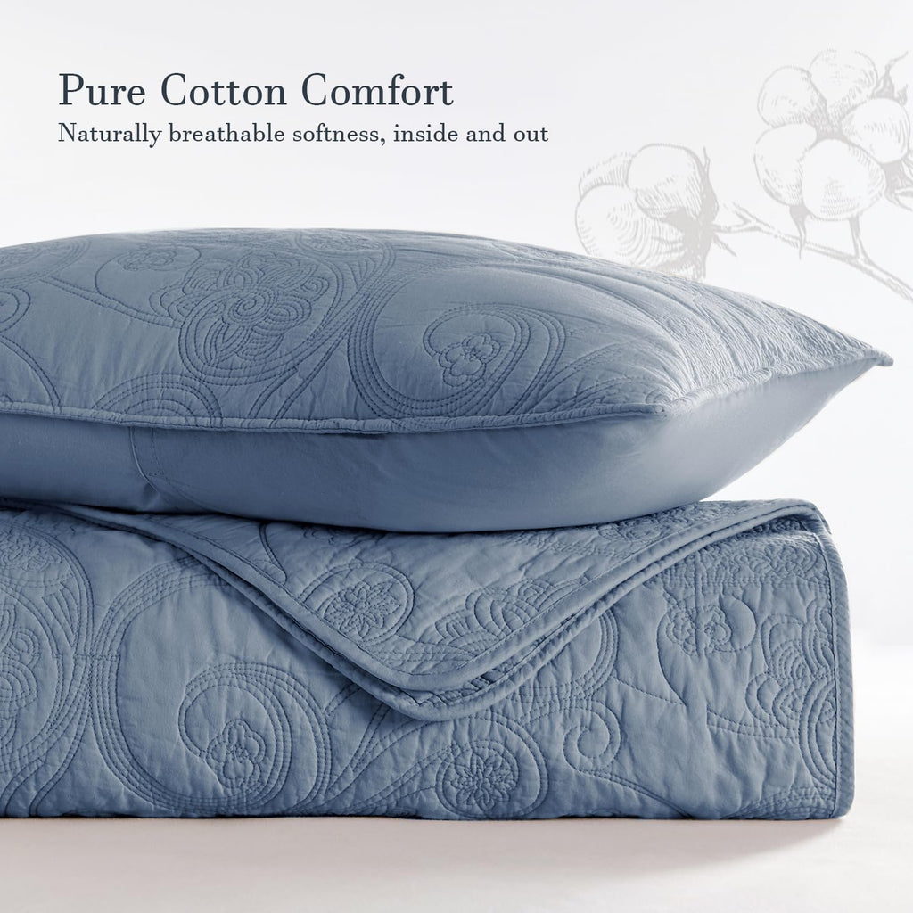 100% Cotton Quilt Set, Paisley Design, Slate Blue