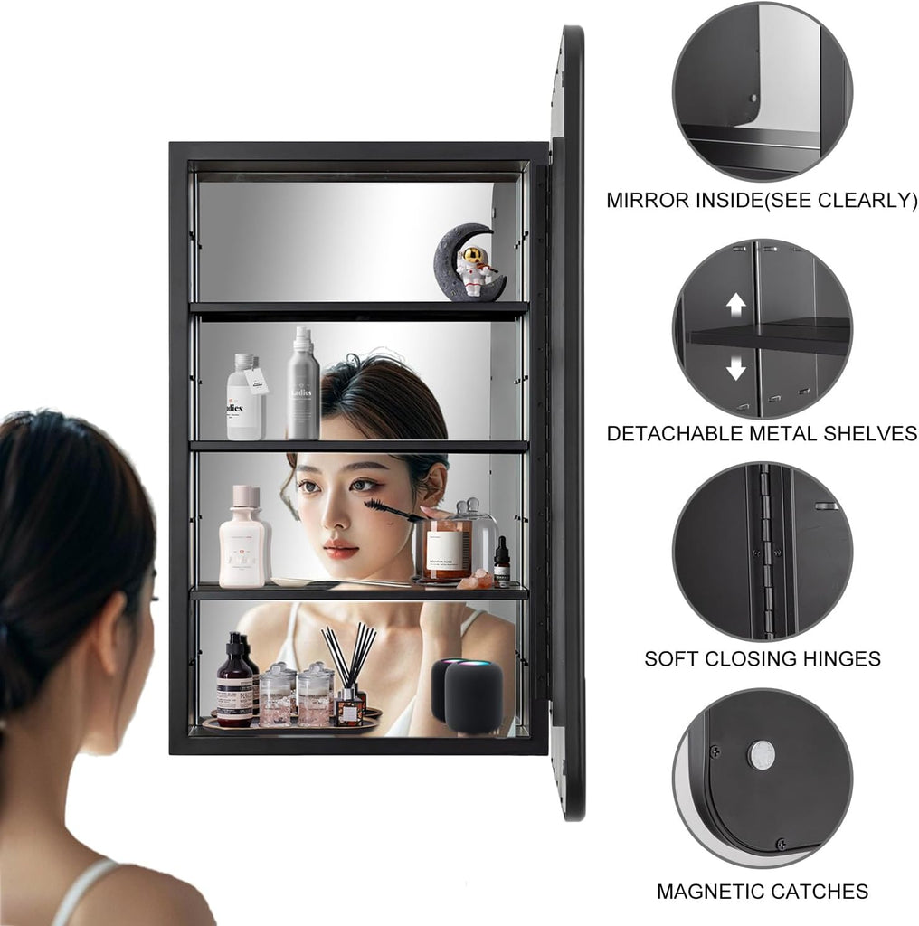 17 x 27 Recessed Medicine Cabinet with Mirror, Surface Mount Black Medicine Cabinet , Stepless Adjustable Shelves