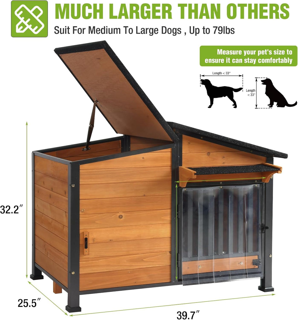 Dog House Outdoor Dog Kennel with Chew-Proof Metal Frame, Rotating Food Bowl, PVC Door Curtain, Weatherproof