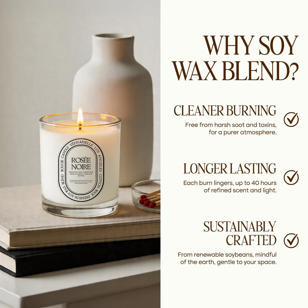 Rosée Noire Dark Rose & Blackcurrant Candle 8oz | Luxury Rose Scented Soy Jar Candle | Cedarwood & Musk | 40hr Clean
