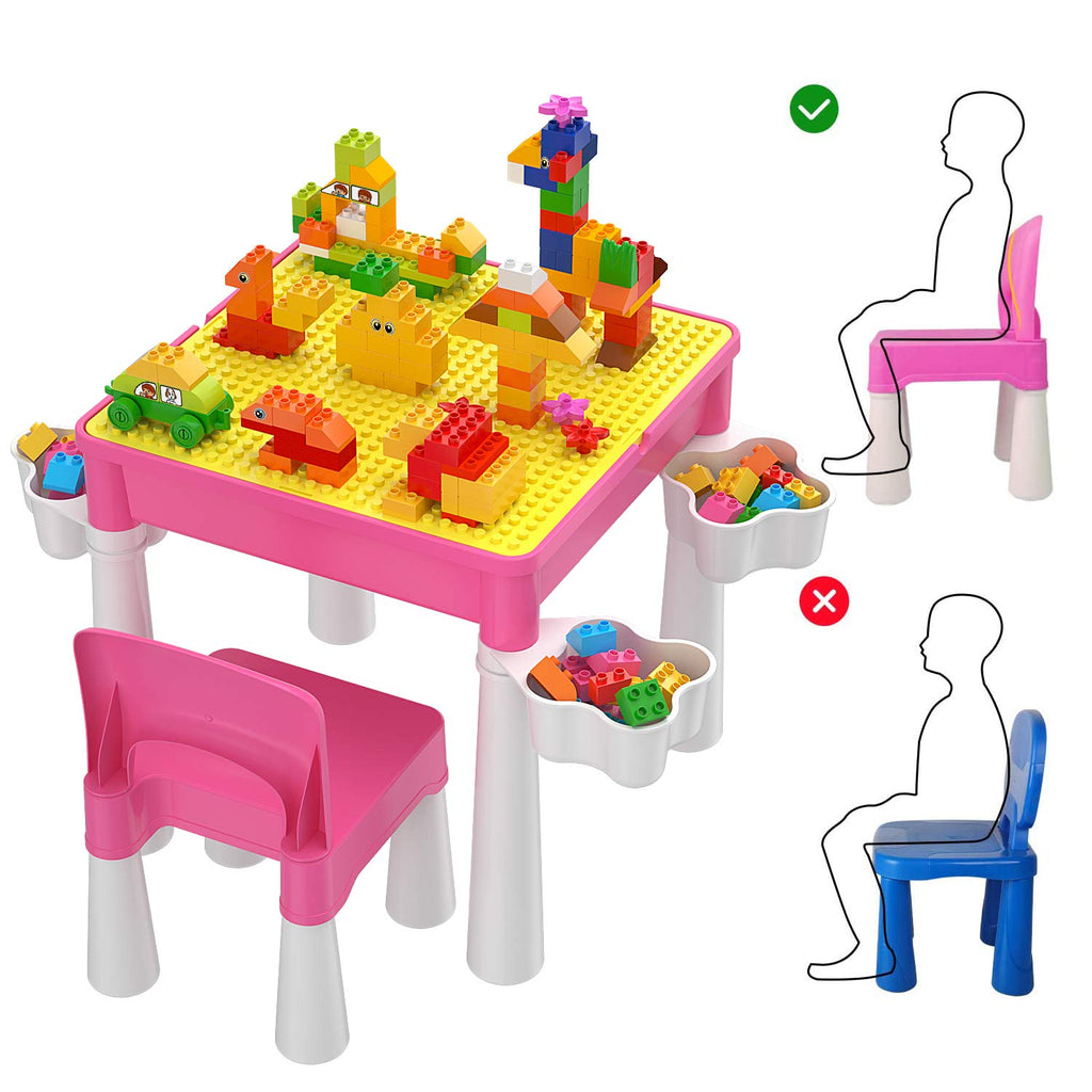 Toddler Building Table Set: 1 Chair 128 Blocks 4 Storage Bin Pink