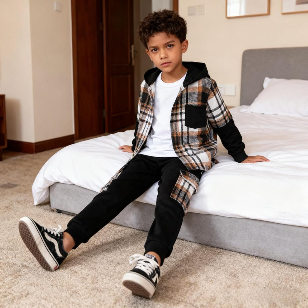 Boys Clothes Flannel Plaid Shirt Hooded Sweatshirt & Pants 3PCS Kids Boys Fall Winter Outfits Sets