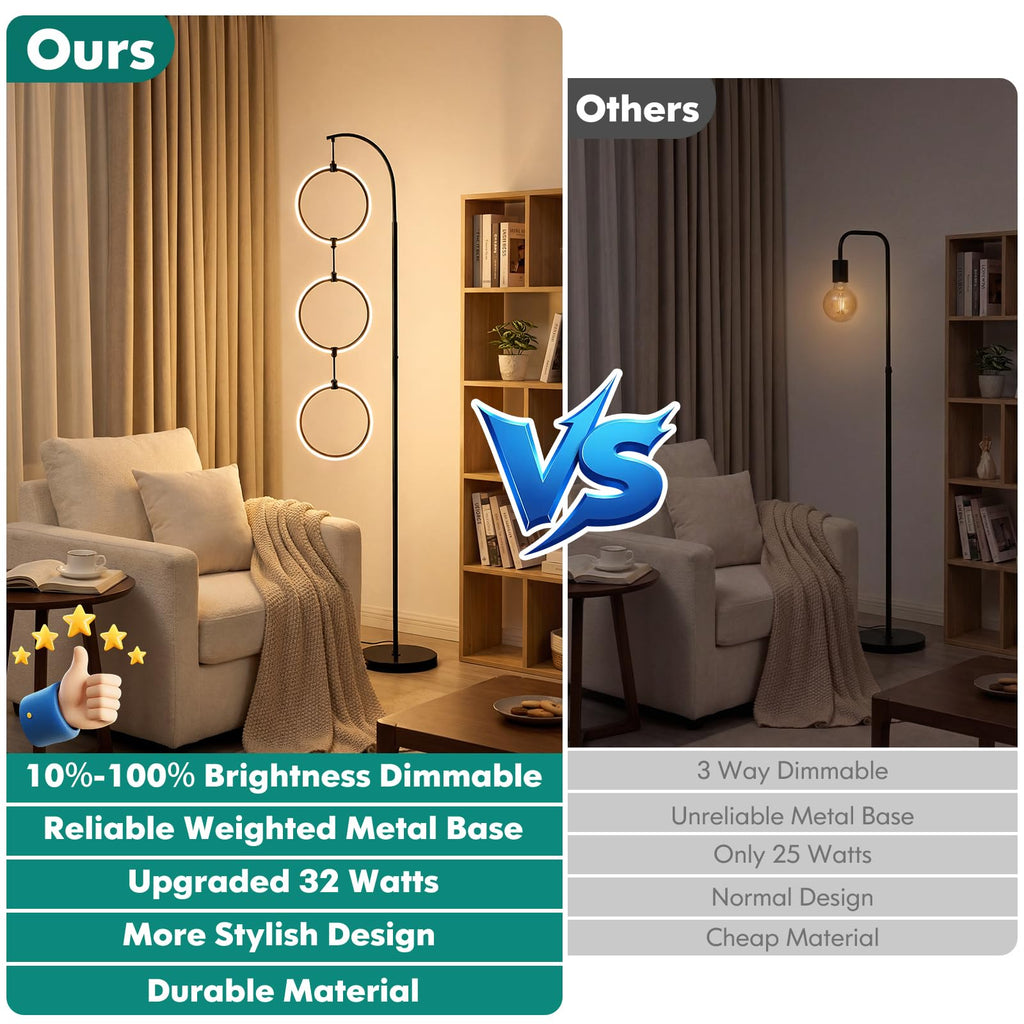 Black 3-Light LED Floor Lamp, Modern Arc Floor Lamp