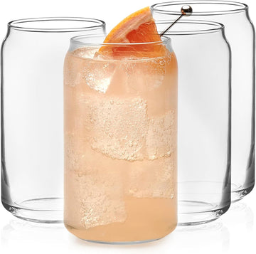 Classic Can Shaped Drinking Glasses Set of 4, Clear Kitchen Glass Tumbler, 16 Oz, Dishwasher Safe Glass Cups Set for