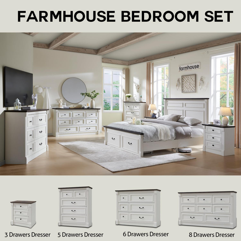 Farmhouse Bed Frame w/51 Tall Headboard, Antique White