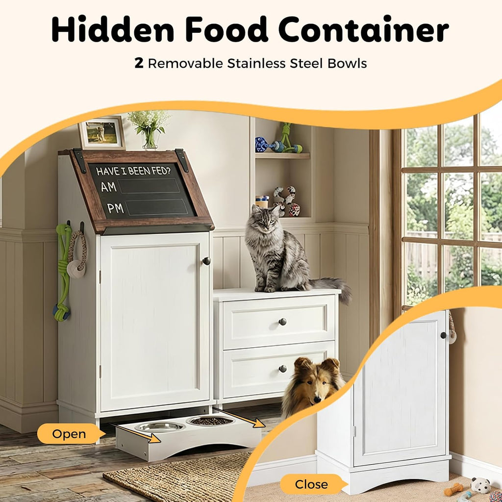 Dog Food Feeding Station Storage with Bowls, Pet Food Storage Cabinet with Flip-Top Blackboard, Hidden Trash Can, Pet