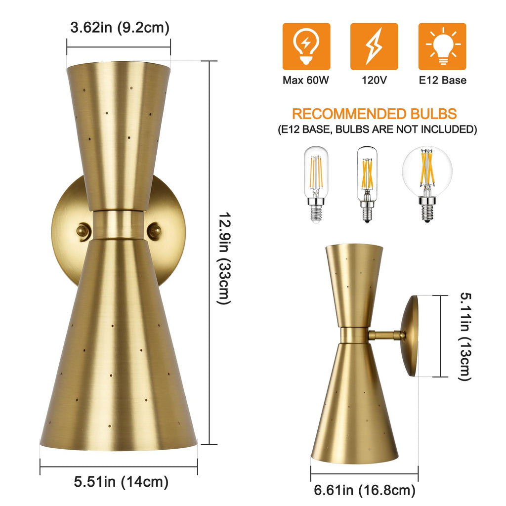 Brass Wall Sconce, Mid Century Modern Sconce Wall Lighting, Up Down Gold Wall Sconces E12 Base, Vintage Farmhouse