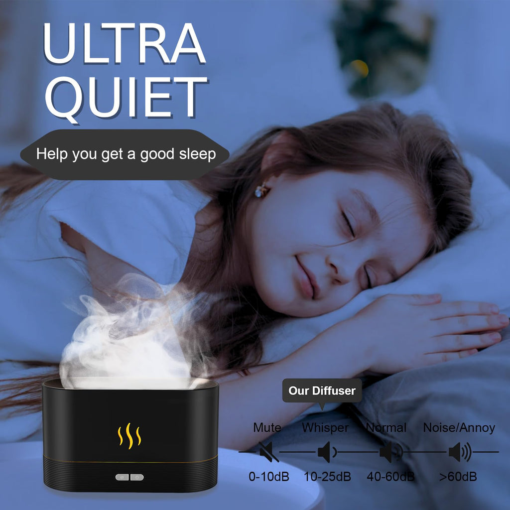 Essential Oil Diffuser, 180mL Flame Diffuser Humidifier with LED Fireplace Effect, Up to 8 Hours, Waterless Auto