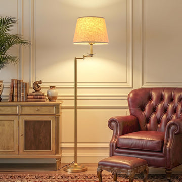 Gold Brass Swing Arm Floor Lamps with 3-Color Bulb, Eye-care Reading Light