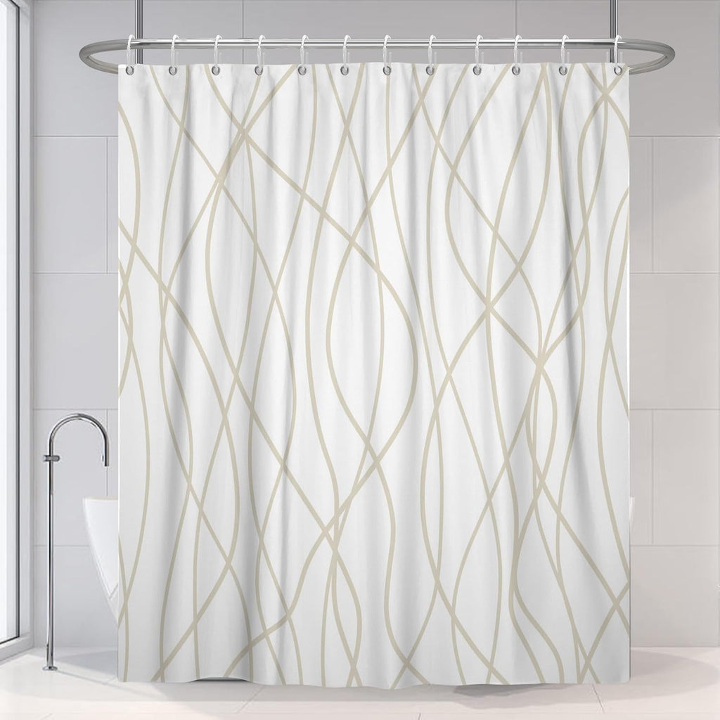 Beige Khaki Striped Long Shower Curtain 72"x78" | Modern Geometric Lines, Room Divider, Waterproof Machine Washable