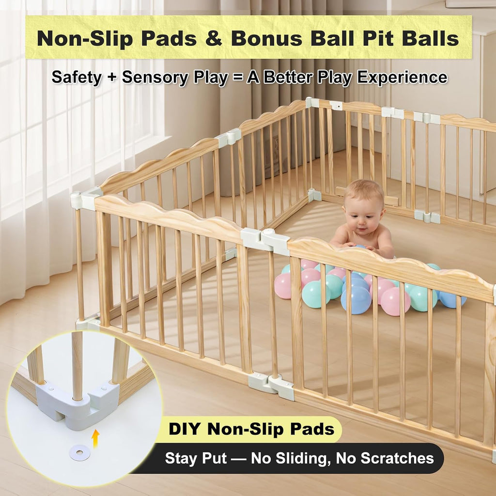 Foldable Wooden Playpen for Babies and Toddlers, Pre-Assembled Baby Playpen, Solid Wood Indoor Play Yard, Large Baby