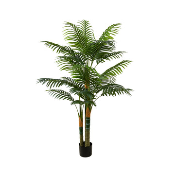 5FT Tall Golden Cane Artificial Palm Tree, Large Faux Palm Tree with 3 Textured Trunks, Outdoor Artificial Plants