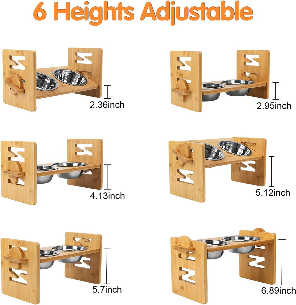 Elevated Dog Bowls, Adjustable Raised Tilted French Bulldog Food Water Bowl, Slanted Bamboo Pet Feeding Station