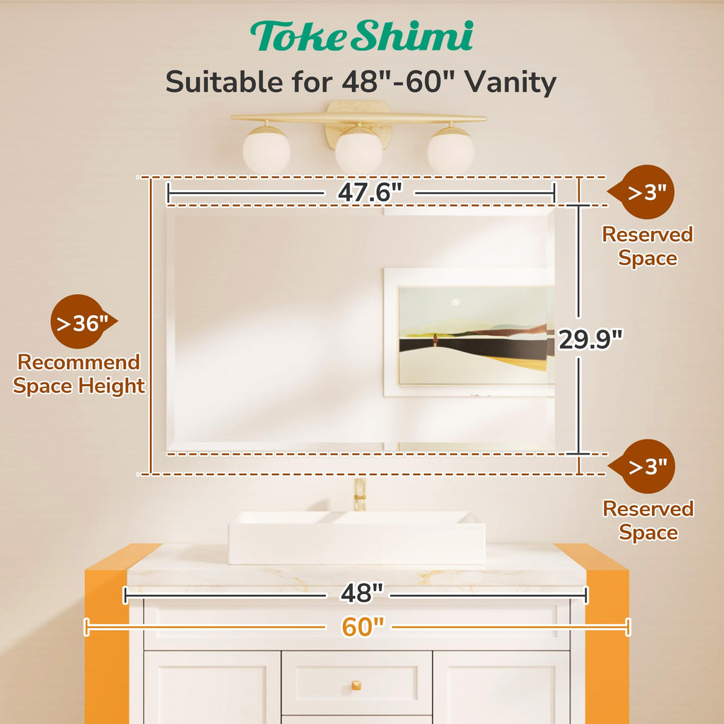 48x30 Frameless Bathroom Mirror Rectangle, Tempered Beveled Mirror Vanity with 1" Beveled Edge, Shatterproof Modern