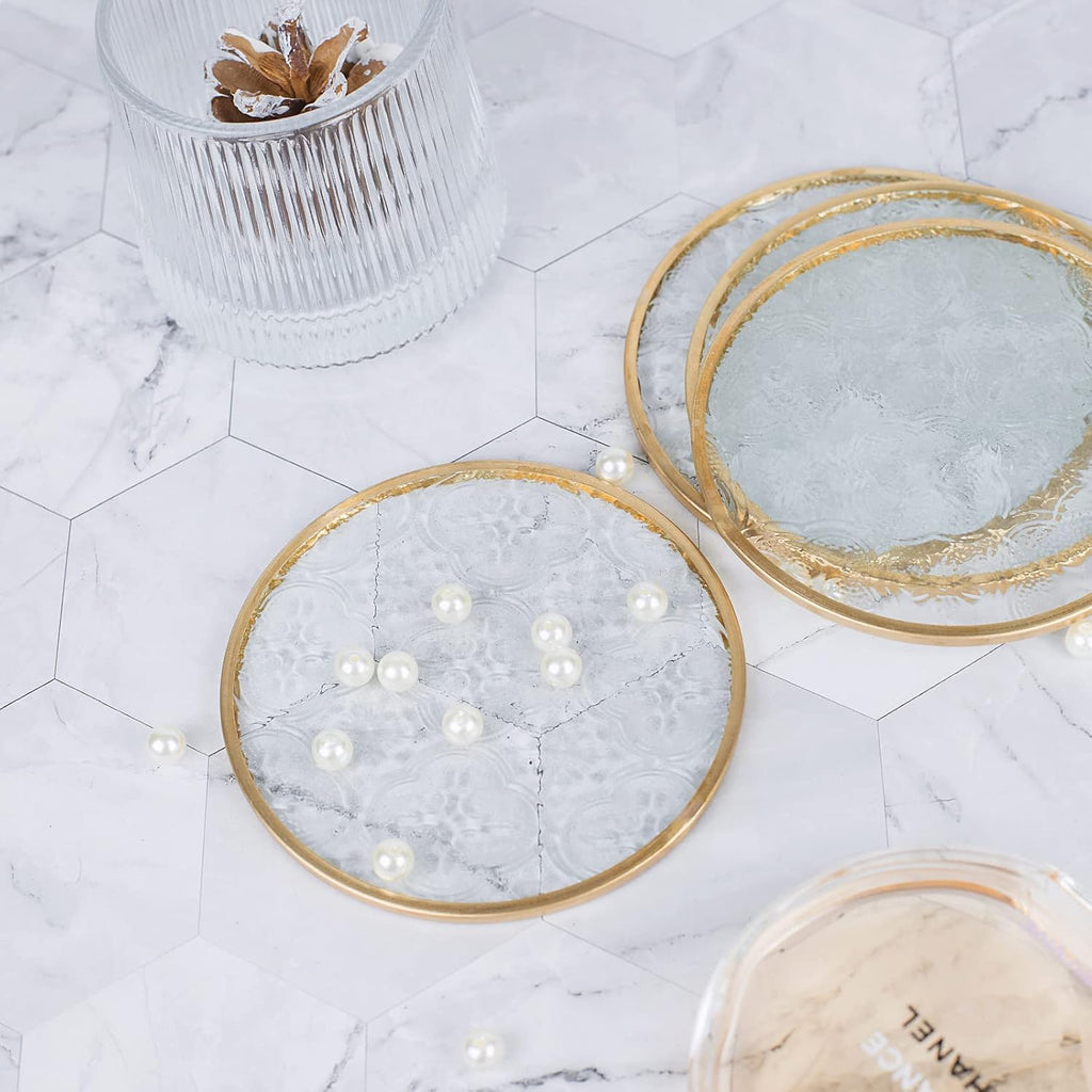 Glass Gold Coasters with Holder, Round Cup Coaster Set with Carved Glass Stylish for Coffee Tea Wine - Set of 4