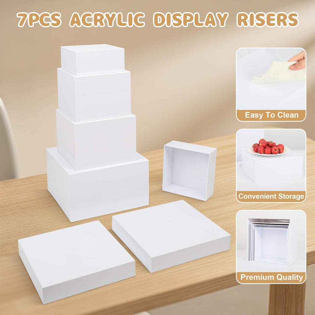 7 Pcs Acrylic Buffet Risers Set - Square Display Stands 6.8" to 12", Clear Cube Boxes for Cakes, Desserts, Jewelry &