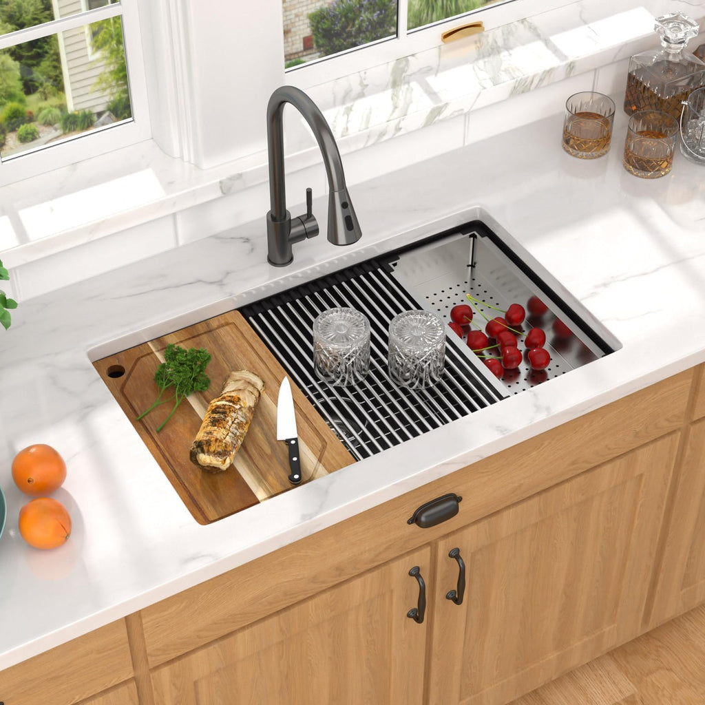 32x19" Black Undermount Kitchen Sink, Granite Composite Workstation