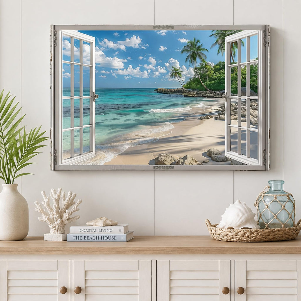 Beach Pictures Wall Art Decor, Blue Ocean Painting, White Window Frame Style Palm Trees Canvas Artwork, Blue