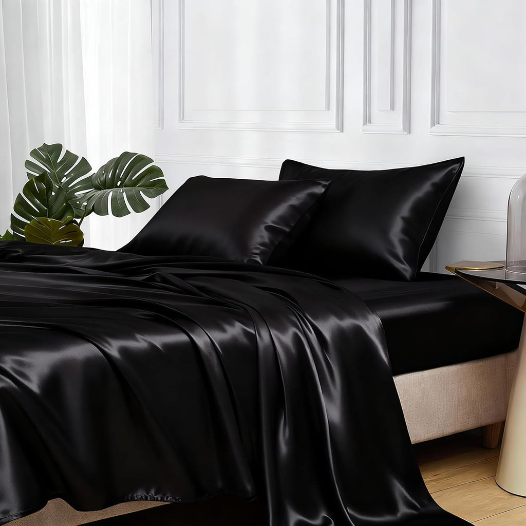 Satin Bed Sheets, Queen Sheets Set, 4 Pcs Silky Bedding Set with Elastic Corner Straps and 15 Inches Deep Pocket for