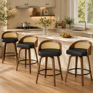 Swivel Bar Stools Set of 4, 26" Counter Height, Rattan Black