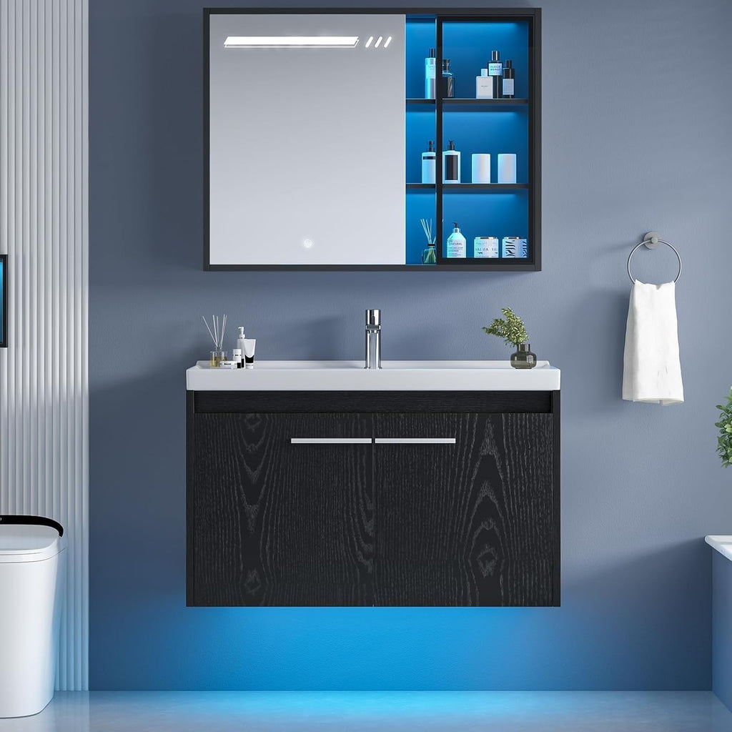 4ever2buy 31" Floating Bathroom Vanity with Sink, Modern Black Bathroom Vanity with LED Light