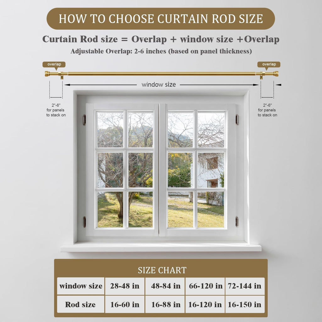 Heavy Duty Curtain Rods for Windows 72 to 144 Inch, 1 Inch Brass Gold Curtain Rod, Adjustable Length Rod with Metal